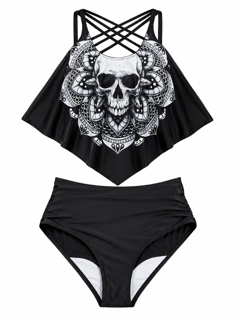 Black Skull Mandala Two-Piece Swim Set with Crisscross Straps